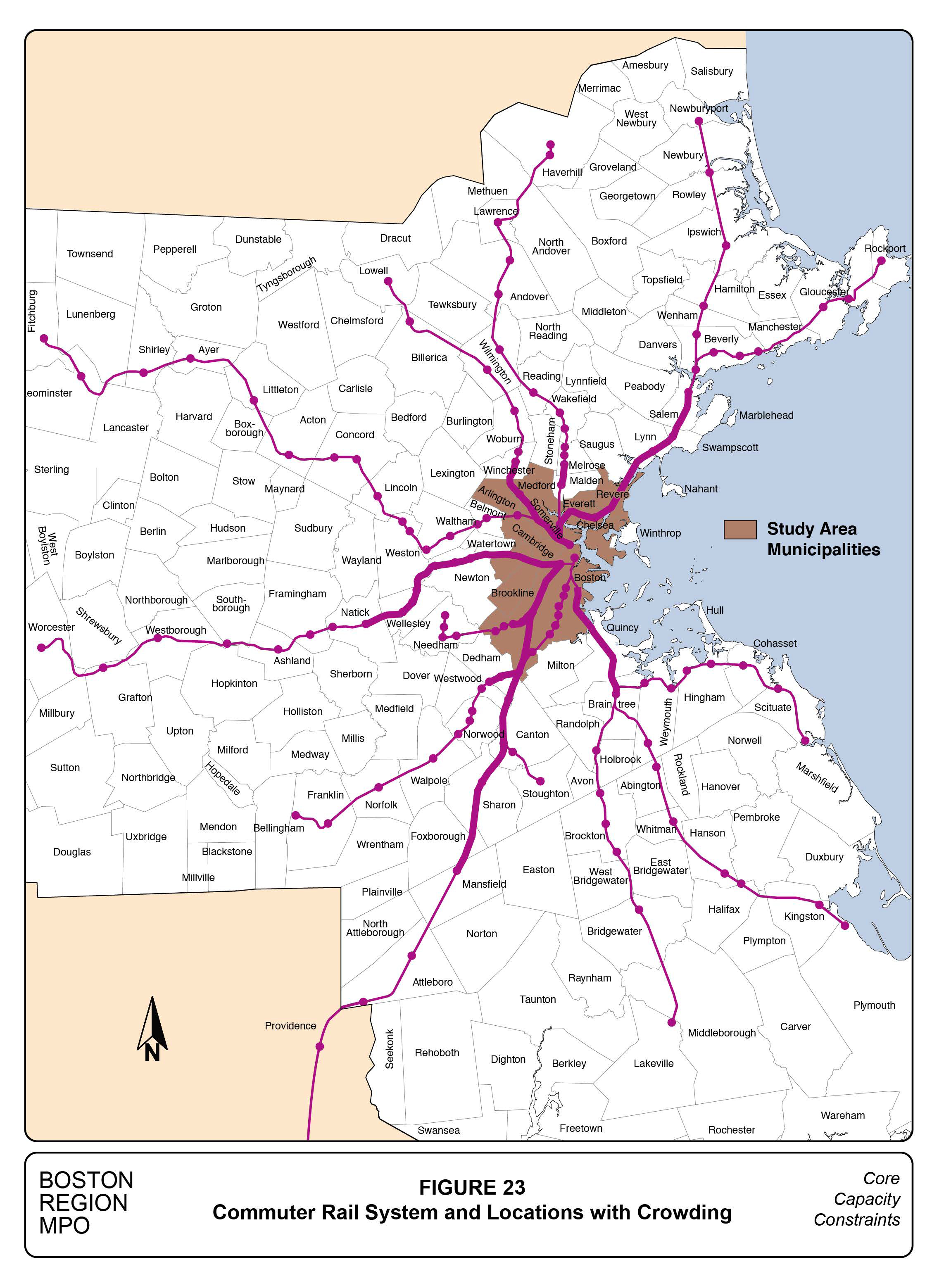 Figure 23 is a map of eastern Massachusetts. The commuter rail system is shown and the parts of the system that experience peak-period crowding are highlighted.